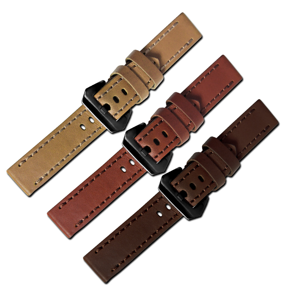 Watchband /復刻黑鋼扣頭加厚版車線牛皮錶帶-駝色/棕色/深咖