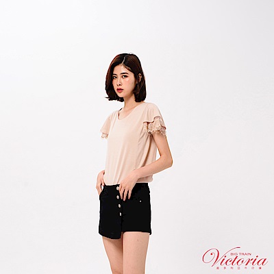 Victoria 異材質荷葉袖型短袖T-女-裸膚