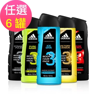 adidas愛迪達 男用潔顏洗髮沐浴露任選6罐(400ml/罐)