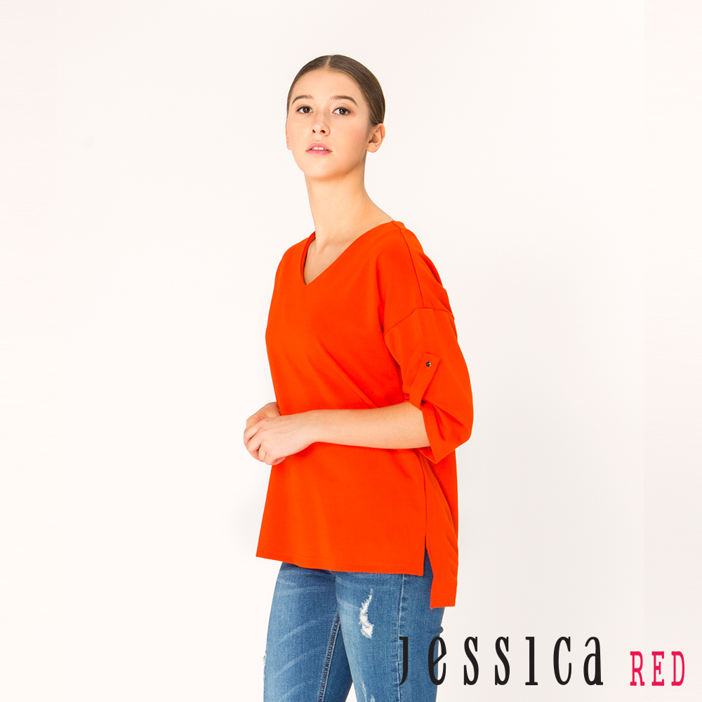 JESSICA RED - 簡約休閒寬鬆反摺袖素面上衣（紅）