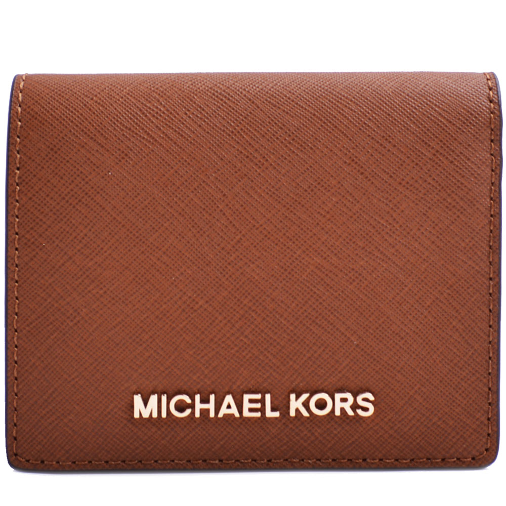 MICHAEL KORS Jet Set Travel 金LOGO防刮皮革釦式短夾-咖