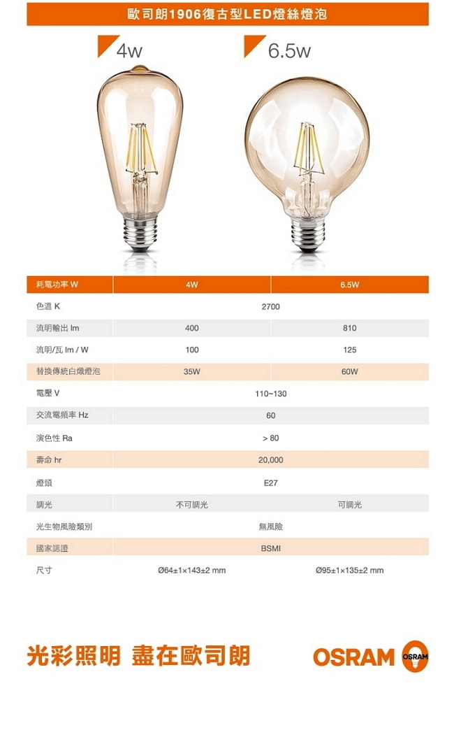 歐司朗OSRAM 復古型 4W LED燈絲燈泡-120V E27-1入