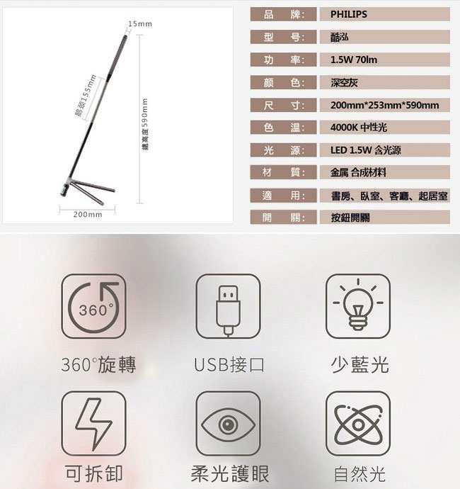 飛利浦PHILIPS 酷泓1.5W 可折疊式LED檯燈 (66046)