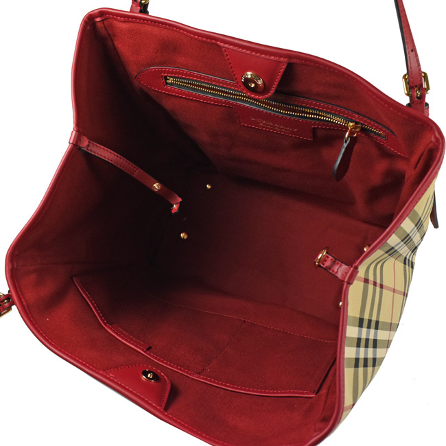 BURBERRY 雙口袋造型戰馬格紋款托特包(紅)