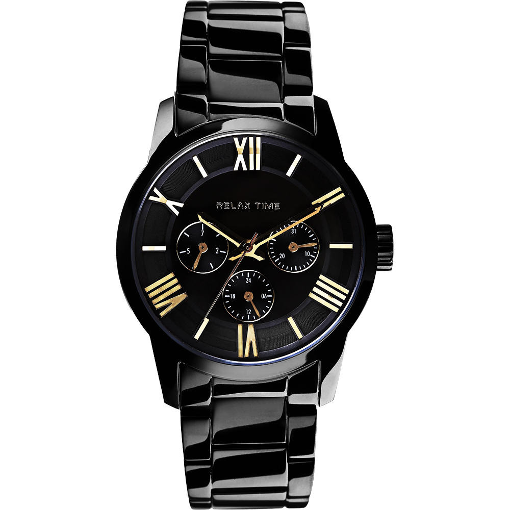 RELAX TIME RT65 羅馬情人日曆腕錶-金時標x黑/45mm
