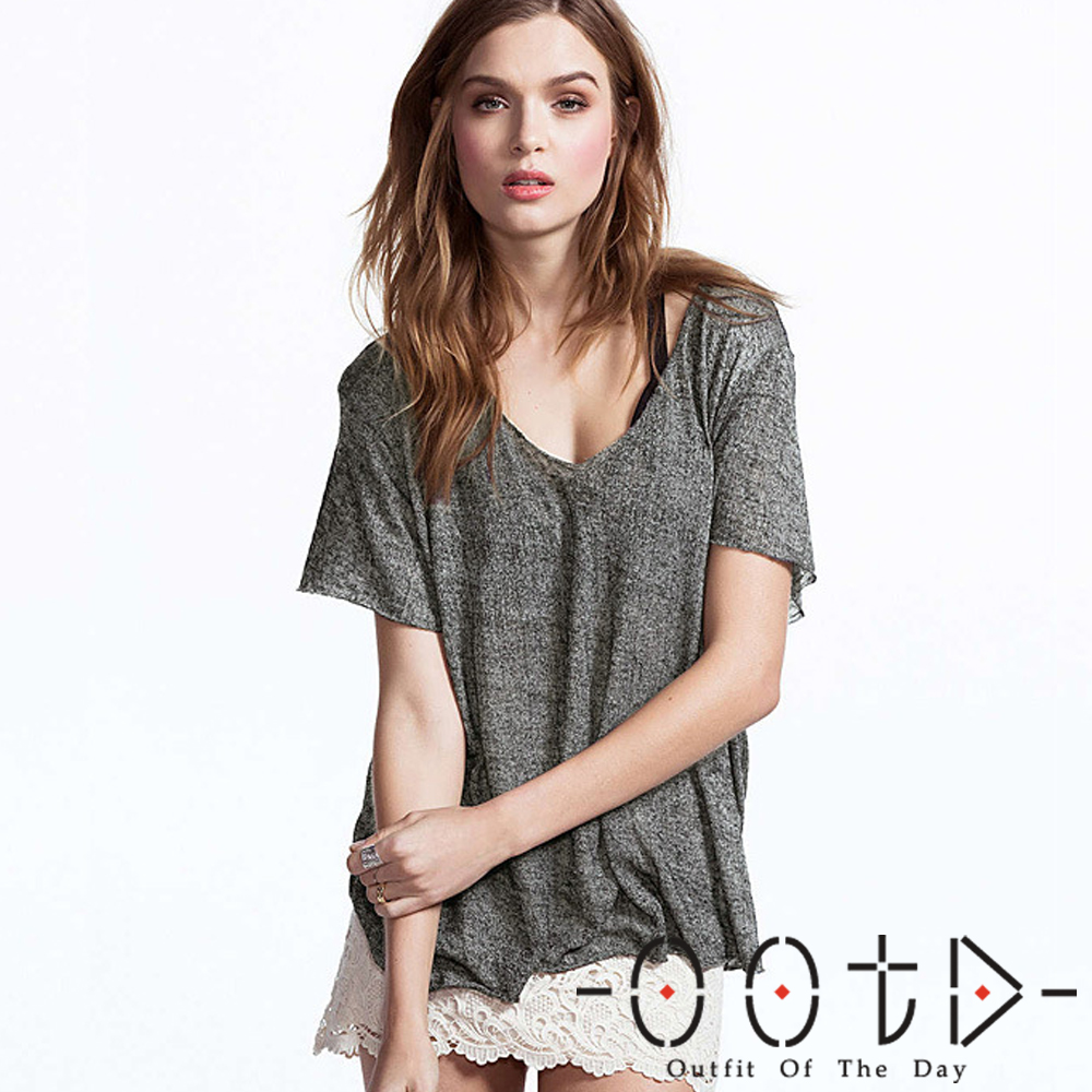 純色V領短袖針織T恤(灰色)-OOTD