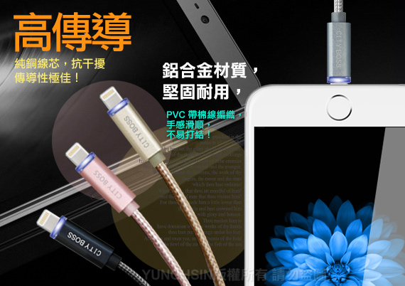 CB 2.4A iPhone 6S/6S Plus 快速鋁合金LED傳輸充電線