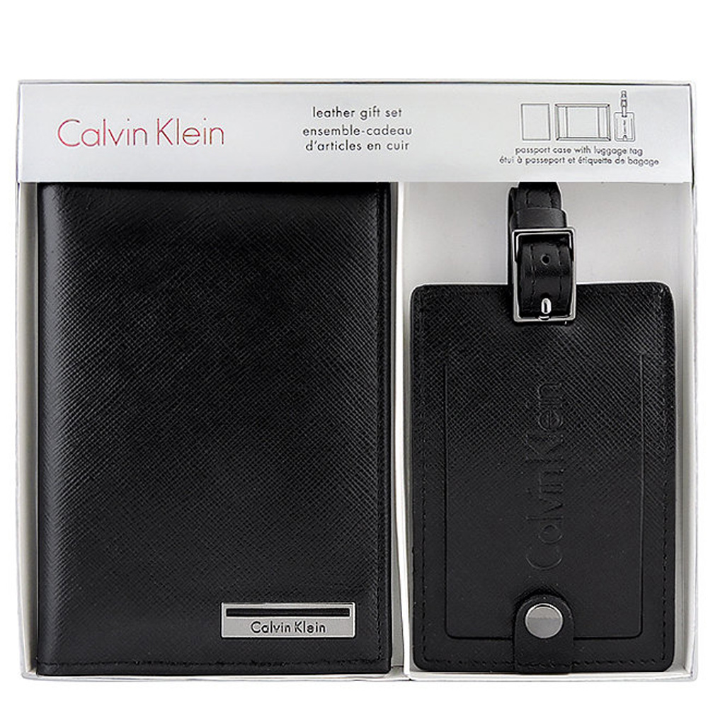 Calvin Klein 黑色防刮皮革行李吊牌/護照夾組合