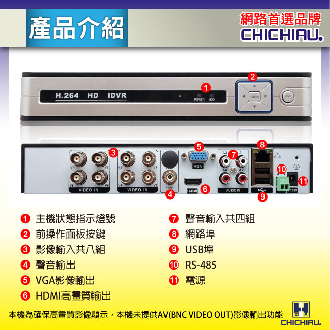 【CHICHIAU】8路AHD 1080P混搭型相容數位類比鏡頭 高畫質遠端數位監控錄影機