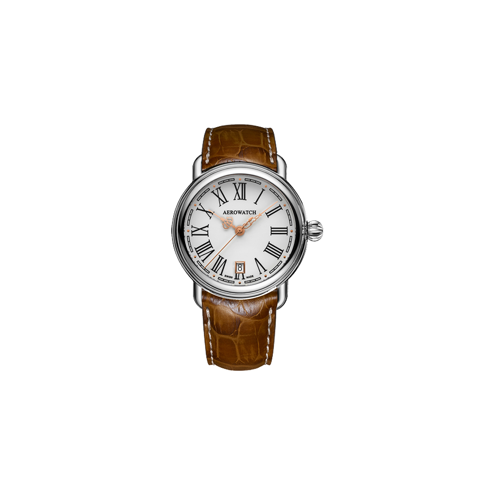 AEROWATCH 古典鏤空指針腕錶-銀x咖啡/40mm