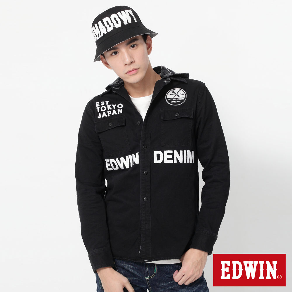 EDWIN 品牌標語帽可拆袖襯衫-男-黑色