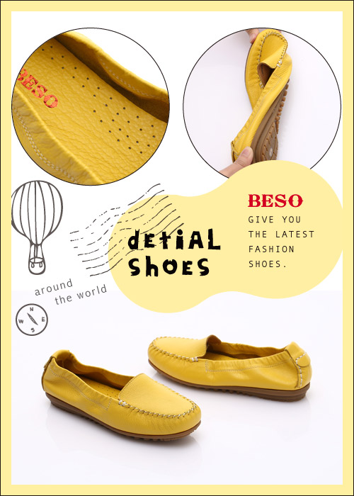 BESO 極簡風格 牛軟皮素面縫線懶人鞋 黃