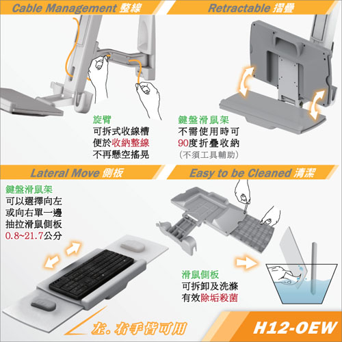 HE單升降單旋臂雙螢幕鍵盤架(H12OEW) -壁掛型/總載重2~8公斤