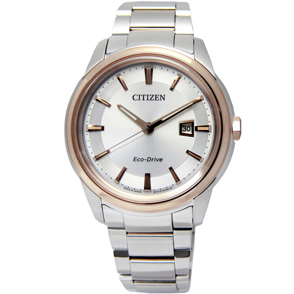 CITIZEN 都會品味簡約日期光動能手錶(AW1124-58A)-銀x玫瑰金框/42mm
