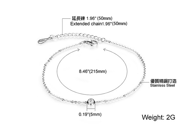 JINCHEN 白鋼單鑽時尚腳鍊-銀色