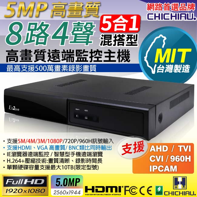奇巧 支援5MP 1080P 8路 台灣製造 五合一混搭型遠端網路監控錄影主機