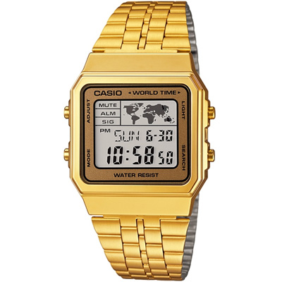 CASIO 復古風數字復刻地圖液晶顯示腕錶(A-500WGA-9A)-金X金框/34mm