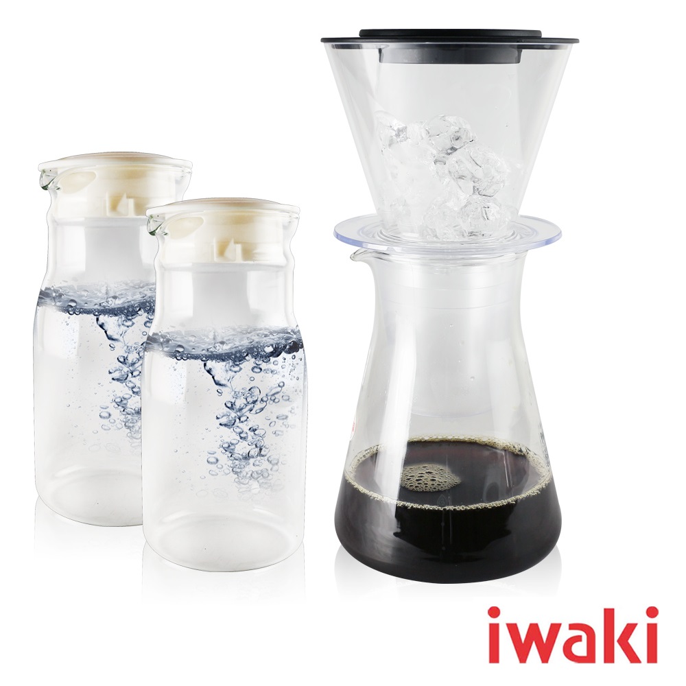 日本iwaki 耐熱玻璃冰滴咖啡壺440ml+台製600ML玻璃冷水壺*2