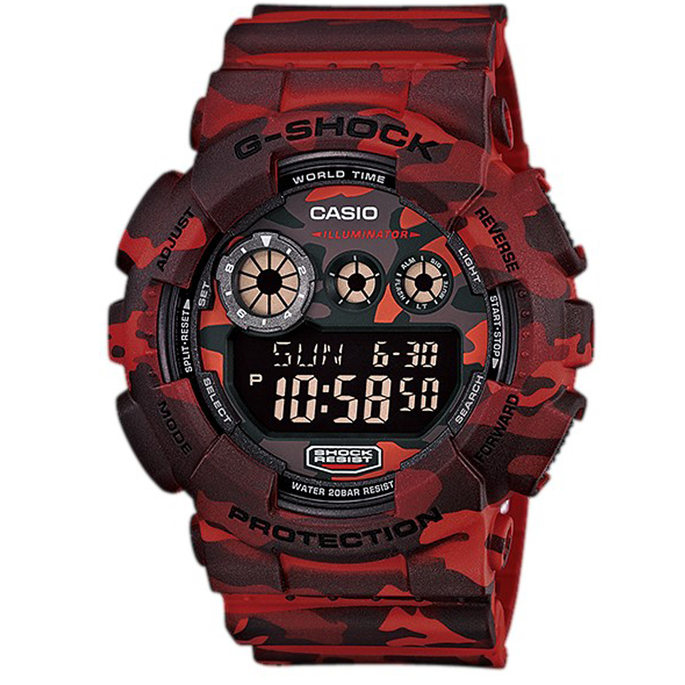 G-SHOCK潮流炫風 叢林迷彩戰鬥魂軍風休閒錶(GD-120CM-4)-亮眼紅/51.2mm