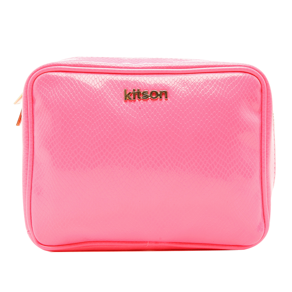 Kitson 螢光色漆皮Logo化妝包-Pink