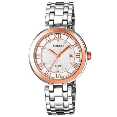 CASIO SHEEN系列 浪漫璀璨日期晶鑽腕錶(鋼帶-銀玫瑰金)-30mm