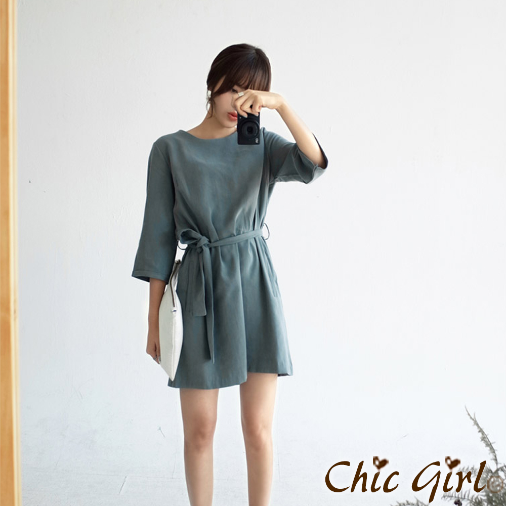 簡單設計腰綁帶連身洋裝 (共三色)-Chic Girl