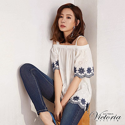 Victoria 平織布肩式短袖T(活動肩帶)-女-白色