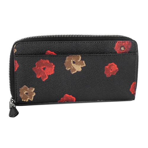 COACH黑底紅棕花繪圖紋後夾層拉鍊長夾