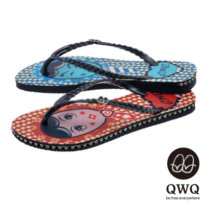 QWQ夾拖的創意(女) - 左右大不同豆豆男女側鑽夾腳拖鞋 - 藍紅配