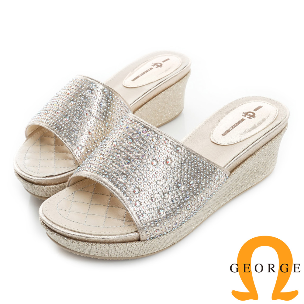 GEORGE喬治皮鞋-閃耀迷人水鑽拼貼楔型厚底涼拖鞋-金色