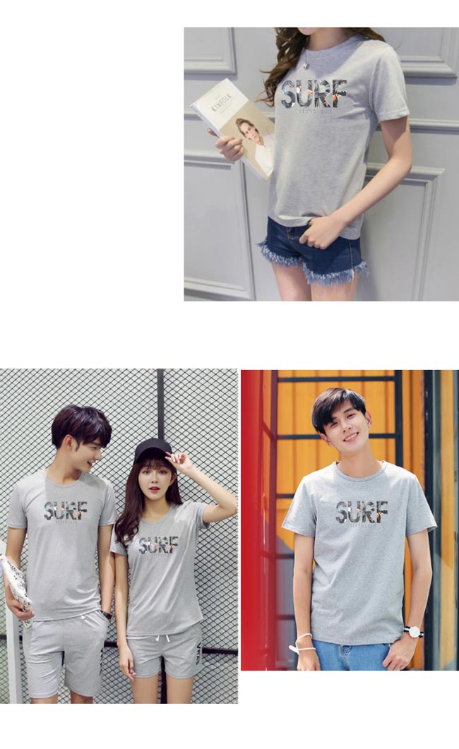 Monkey Shop 正韓國製情侶SURF圖案拼接字母印花短袖T恤-2色