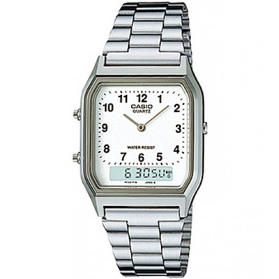 CASIO 銀色時尚復古雙顯指針錶(AQ-230A-7B)-數字白面