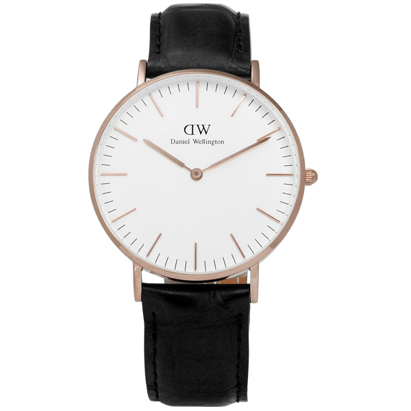 DW Daniel Wellington Classic鱷魚紋真皮手錶-玫瑰金x黑36mm