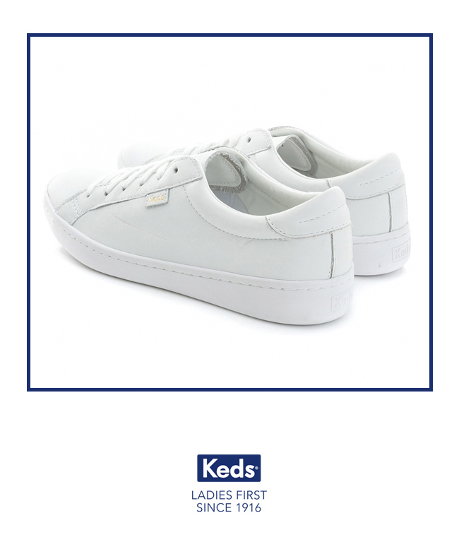 Keds 復古運動皮質綁帶休閒鞋-全白