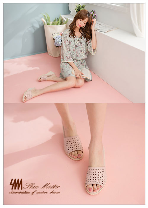 SM-台灣全真皮-楔型紋鏤空麻繩一字中高楔型拖鞋-粉色