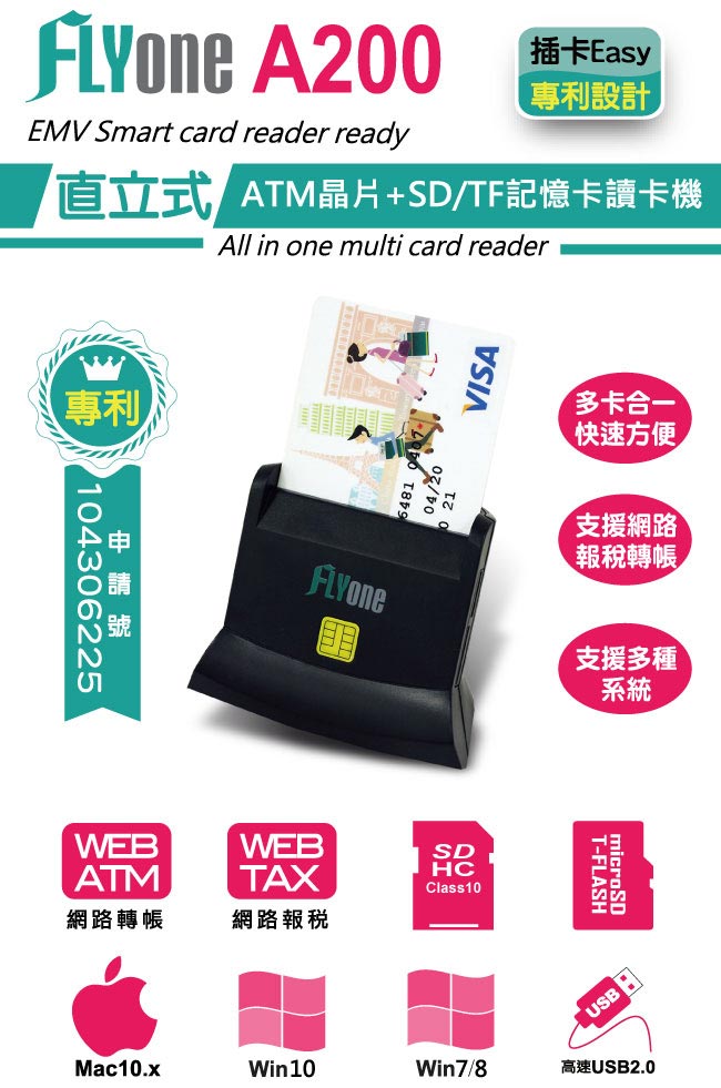 FLYone A200【專利認證】多功能ATM晶片+SD/TF記憶卡讀卡機