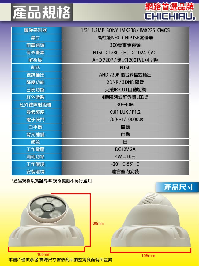 監視器攝影機 - 奇巧 AHD 720P SONY 130萬1200條雙模切換半球型夜視攝影機