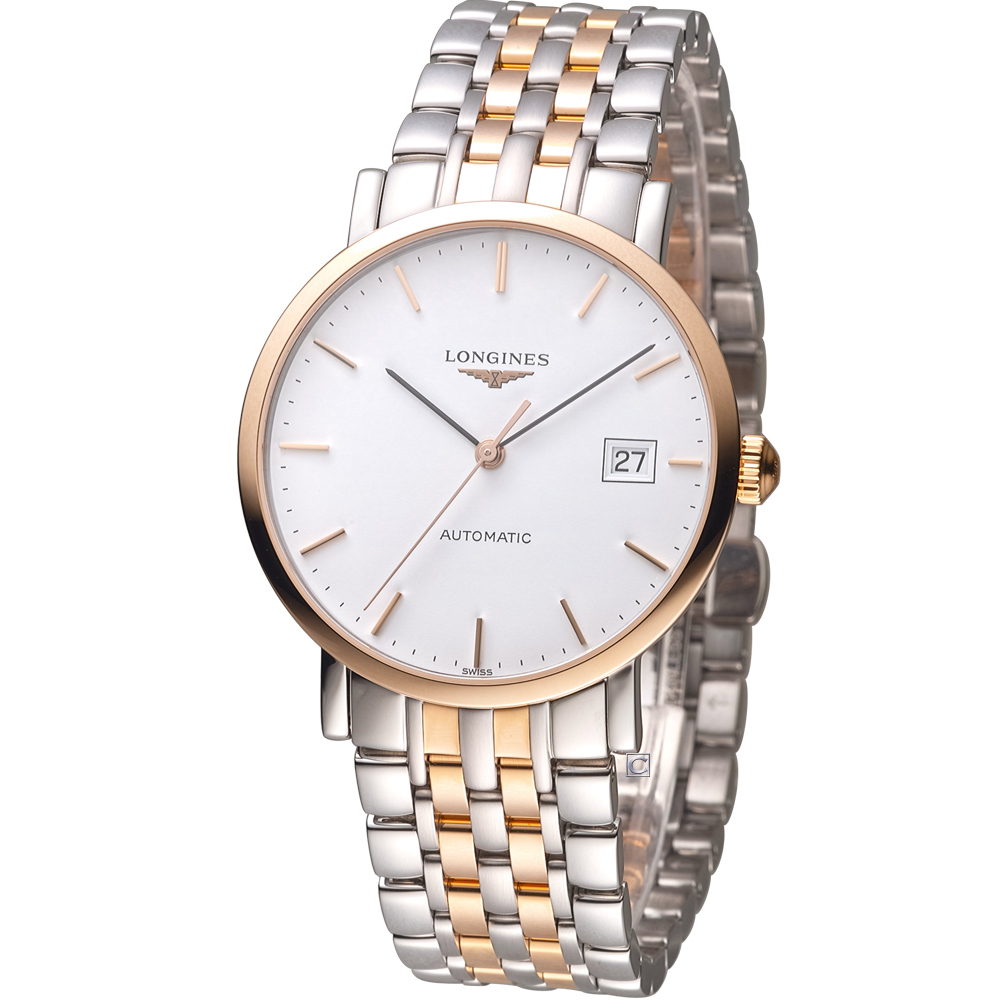 LONGINES 浪琴優雅系列紳士機械腕錶-白x玫瑰金色/37mm