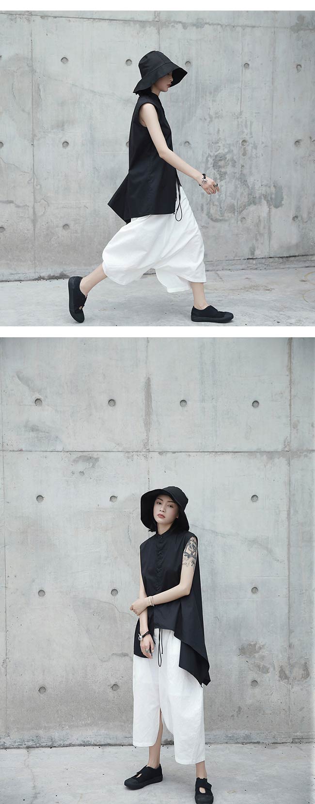 日系原創白色圓弧形麻料寬鬆休閒褲裙-設計所在
