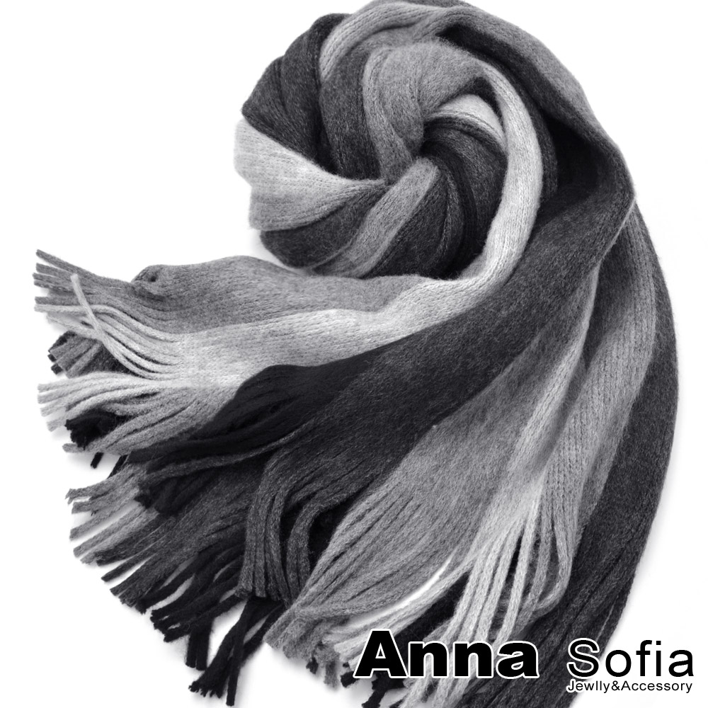 AnnaSofia 中性條紋款 仿羊絨長圍巾(灰黑系)
