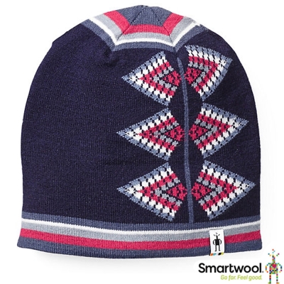 【SmartWool】女 Ski Jacqua 美麗諾羊毛 雙面可戴緹花小圓帽/海軍藍