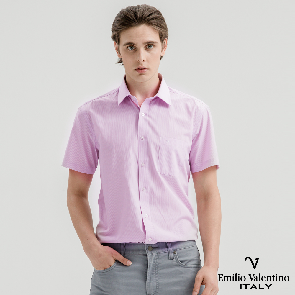 Emilio Valentino范倫提諾英倫簡約短袖襯衫-粉紅條紋