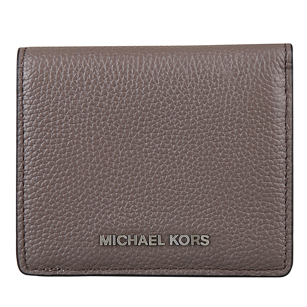 MICHAEL KORS MERCER 銀字LOGO雙色牛皮釦式對折短夾(煤灰/淡灰)