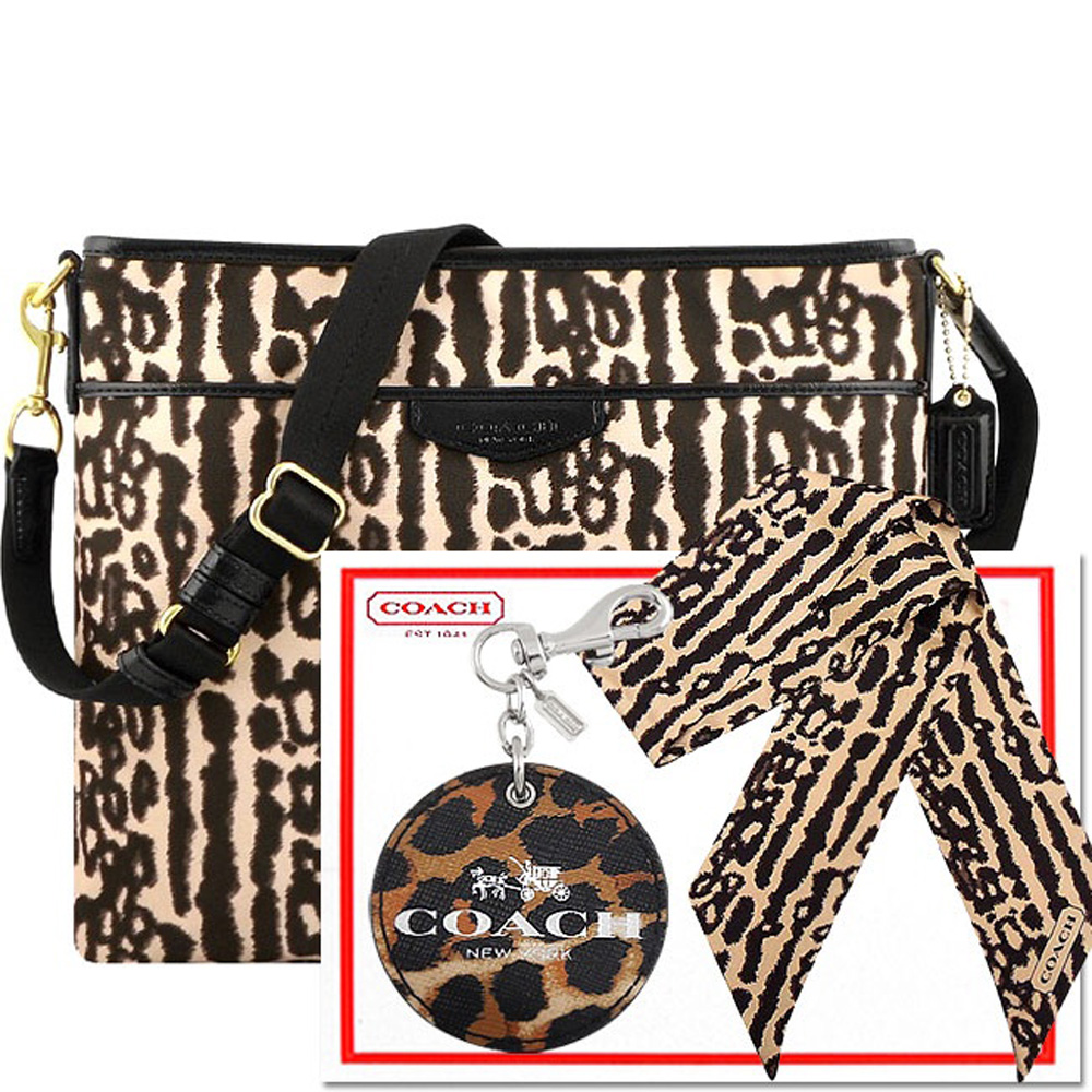COACH 黑色豹紋圖樣斜背包+雙面造型絲巾+鑰匙圈吊飾