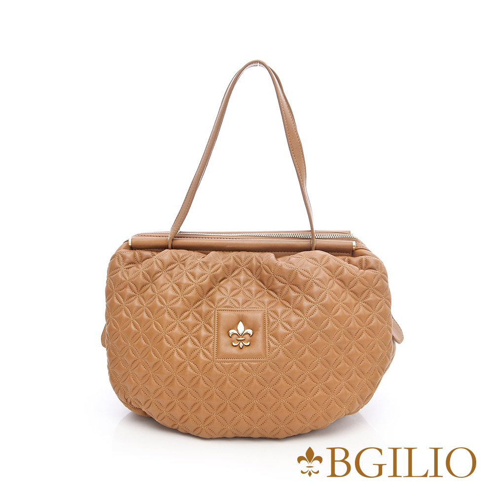 義大利BGilio - 時尚菱格紋羊皮圓筒肩背包(大款) - 杏色 1565.002-04