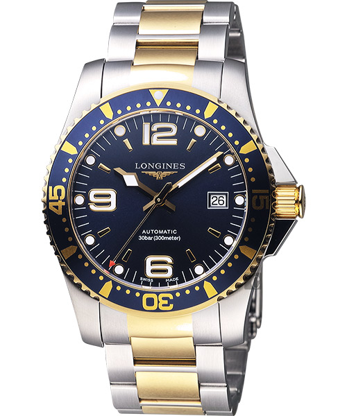 LONGINES浪琴 征服者300米64小時動力儲存潛水機械手錶-藍x雙色版/41mm