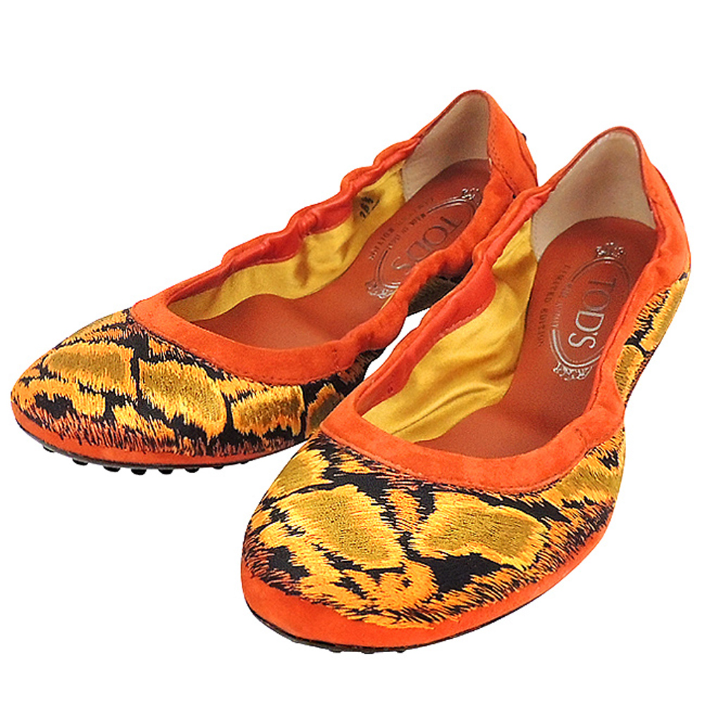 TODS 麂皮蛇紋弧形豆豆芭蕾舞鞋(36~38號)(橘色)