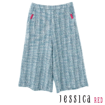 JESSICA RED-混色菱格紋修身五分褲(藍)
