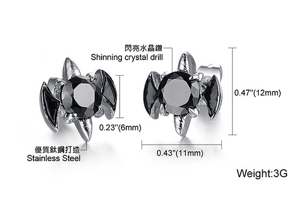 JINCHEN 白鋼蝙蝠耳環 黑鑽(單個價)