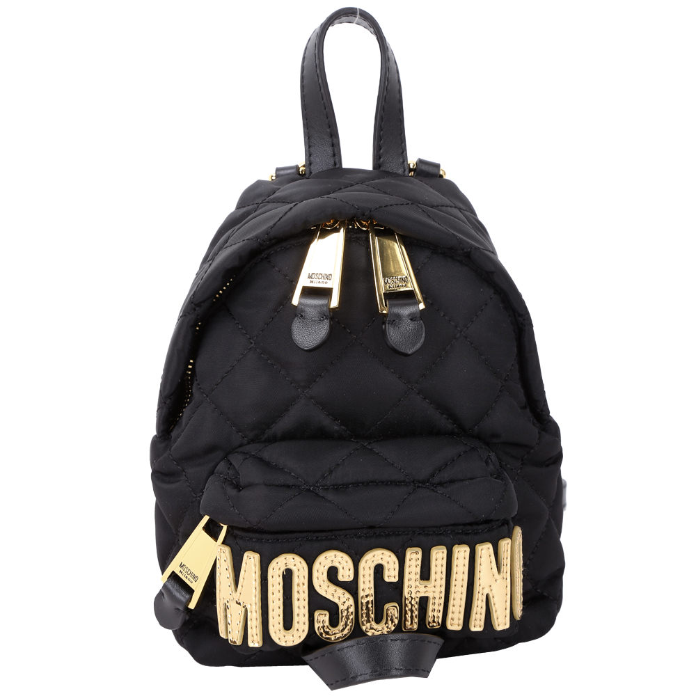 MOSCHINO 菱格衍縫尼龍迷你後背斜背兩用包(黑色)